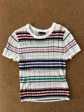 GAP White Ribbed Tee with Multicolor Stripe Detail